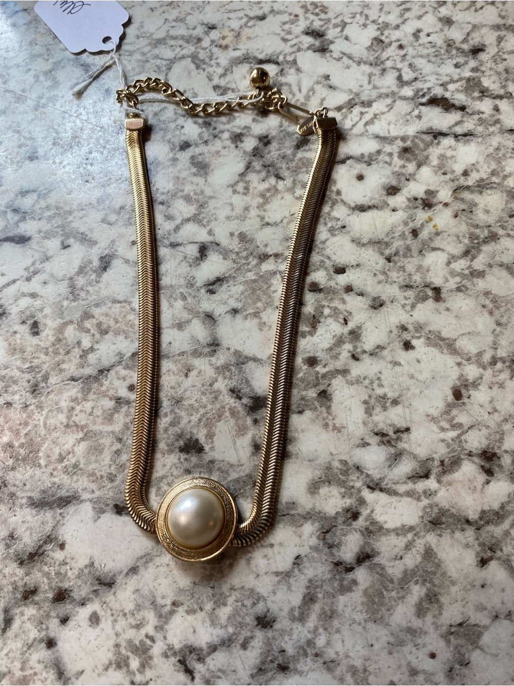 Vintage Parklane Cobra Chain Faux Pearl Cabochon Choker Necklace 1980s